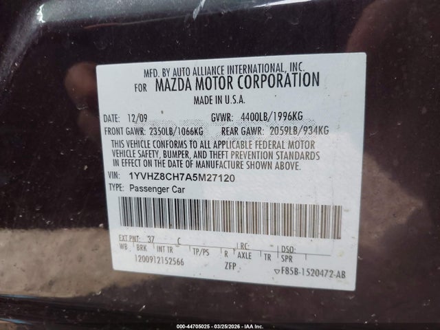 44705025 :رقم المزاد ، 1YVHZ8CH7A5M27120 vin ، 2010 Mazda Mazda6 I Touring مزاد بيع