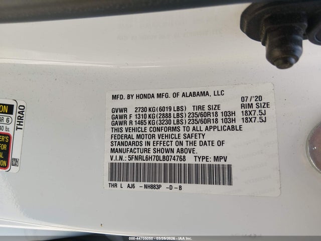 Aukcja sprzedaży 2020 Honda Odyssey Ex-l/ex-l W/navi   Res, vin: 5FNRL6H70LB074768, numer aukcji: 44705050