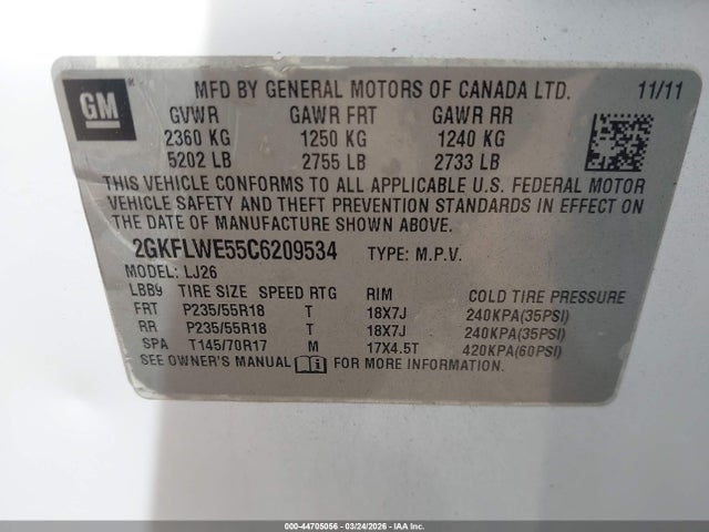 Aukcja sprzedaży 2012 Gmc Terrain Slt-2, vin: 2GKFLWE55C6209534, numer aukcji: 44705056
