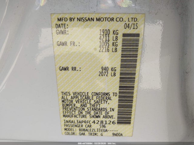 Nissan Altima 2.5 S 2015 1N4AL3AP4FC428126 Image 9