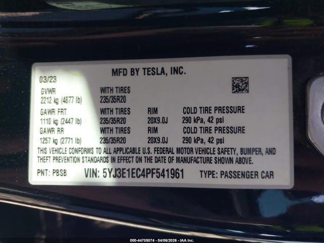Продажа на аукционе авто 2023 Tesla Model 3 Performance Dual Motor All-wheel Drive, vin: 5YJ3E1EC4PF541961, номер лота: 44705074
