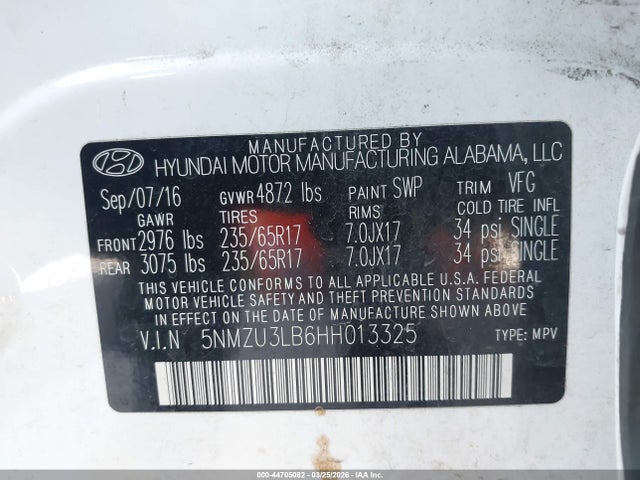 44705082 :رقم المزاد ، 5NMZU3LB6HH013325 vin ، 2017 Hyundai Santa Fe Sport 2.4l مزاد بيع