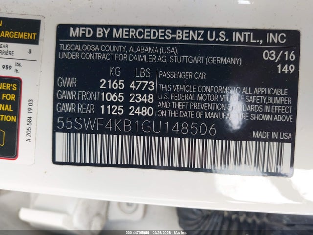 44705089 :رقم المزاد ، 55SWF4KB1GU148506 vin ، 2016 Mercedes-benz C 300 4matic مزاد بيع