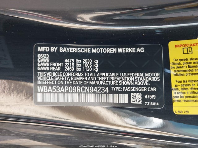 Продаж на аукціоні авто 2024 Bmw 430i, vin: WBA53AP09RCN94234, номер лоту: 44705095