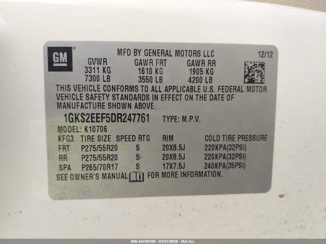 44705100 :رقم المزاد ، 1GKS2EEF5DR247761 vin ، 2013 Gmc Yukon Denali مزاد بيع
