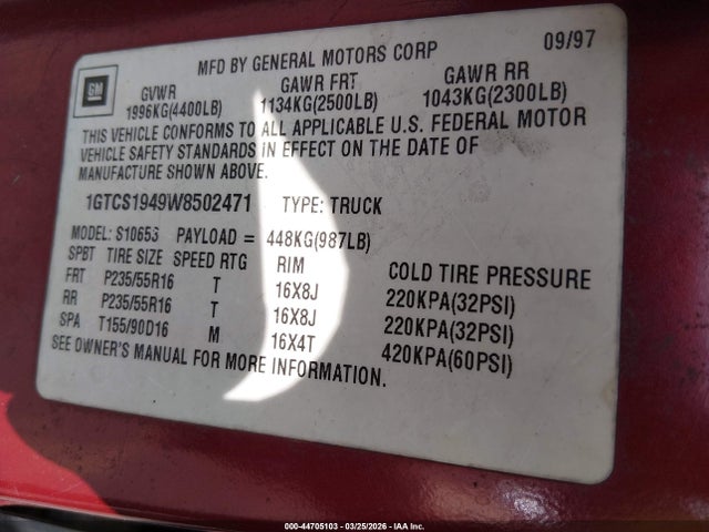 Aukcja sprzedaży 1998 Gmc Sonoma Sls, vin: 1GTCS1949W8502471, numer aukcji: 44705103