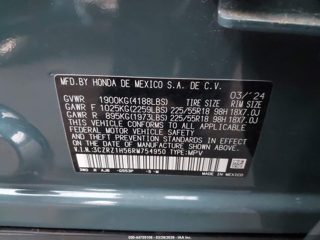 3CZRZ1H56RM754950 Honda Hr-v 2wd Sport/2wd Sport W/o Bsi