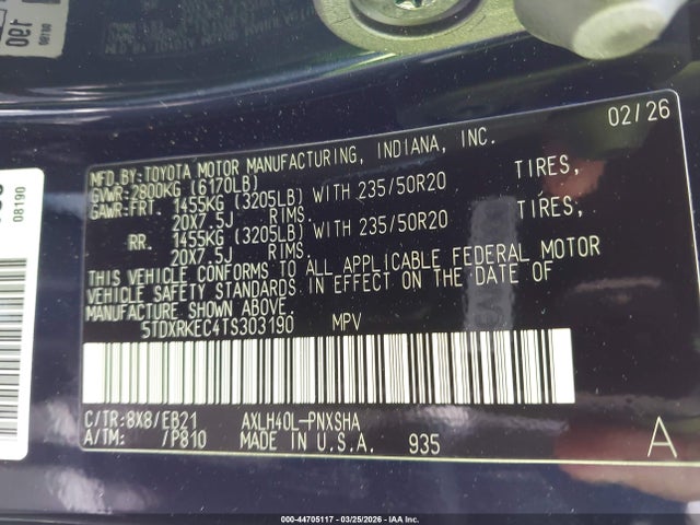 Aukcja sprzedaży 2026 Toyota Sienna Xse, vin: 5TDXRKEC4TS303190, numer aukcji: 44705117