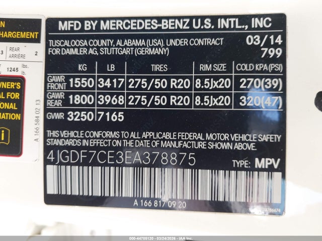 Aukcja sprzedaży 2014 Mercedes-benz Gl 450 4matic, vin: 4JGDF7CE3EA378875, numer aukcji: 44705120
