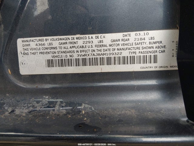 Продаж на аукціоні авто 2010 Volkswagen Jetta Limited Edition, vin: 3VWRX7AJ8AM109322, номер лоту: 44705121