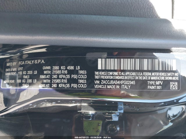 44705123 :رقم المزاد ، ZACCJBAB4HPG02945 vin ، 2017 Jeep Renegade Sport 4x4 مزاد بيع