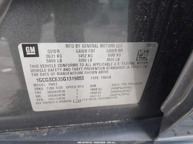 Aukcja sprzedaży 2016 Chevrolet Colorado Lt, vin: 1GCGSCE35G1319055, numer aukcji: 44705133