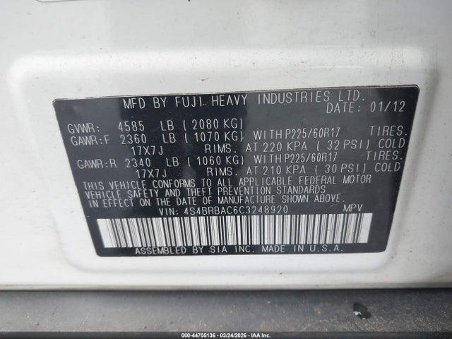 44705136 :رقم المزاد ، 4S4BRBAC6C3248920 vin ، 2012 Subaru Outback 2.5i مزاد بيع
