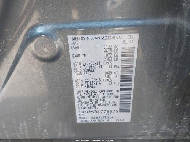 Продаж на аукціоні авто 2014 Nissan Rogue Sl, vin: 5N1AT2MV7EC776575, номер лоту: 44705147