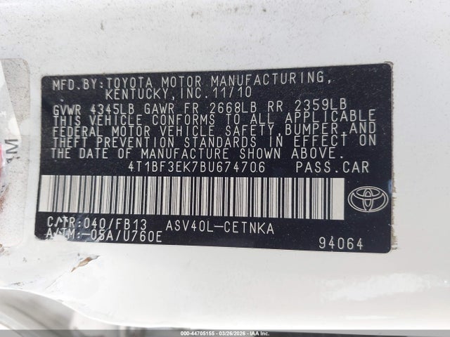 Auction sale of the 2011 Toyota Camry Le, vin: 4T1BF3EK7BU674706, lot number: 44705155