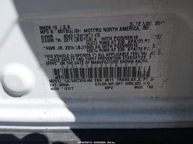 Auction sale of the 2014 Mitsubishi Outlander Sport Se, vin: 4A4AP4AU8EE016782, lot number: 44705173