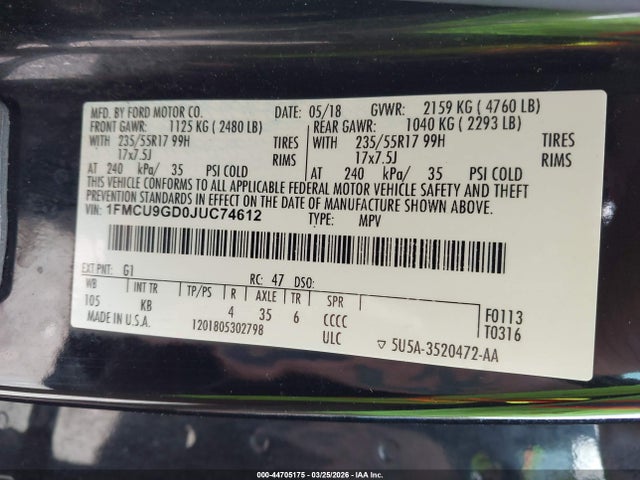 Aukcja sprzedaży 2018 Ford Escape Se, vin: 1FMCU9GD0JUC74612, numer aukcji: 44705175