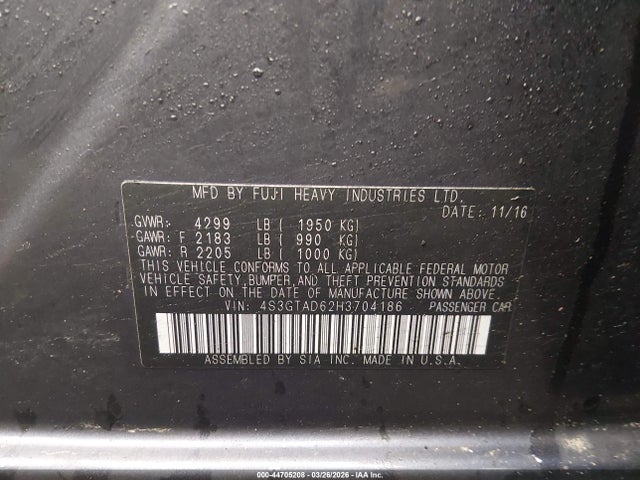 2017 Subaru Impreza Premium მანქანა იყიდება აუქციონზე, vin: 4S3GTAD62H3704186, აუქციონის ნომერი: 44705208