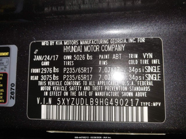 44705212 :رقم المزاد ، 5XYZUDLB9HG490217 vin ، 2017 Hyundai Santa Fe Sport 2.4l مزاد بيع