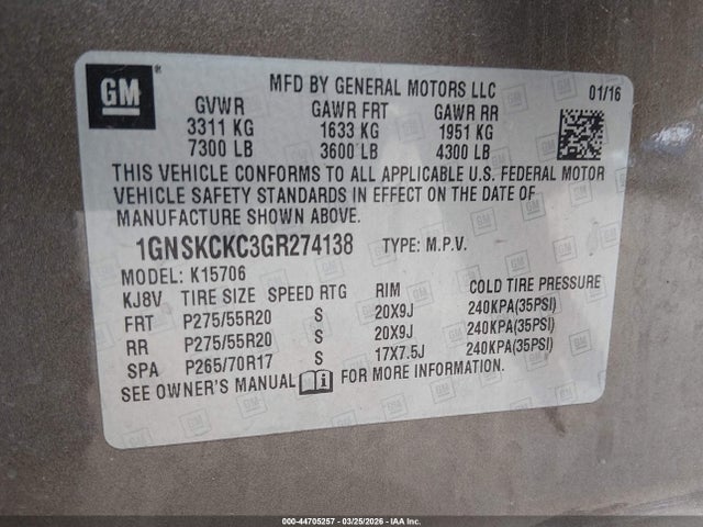 44705257 :رقم المزاد ، 1GNSKCKC3GR274138 vin ، 2016 Chevrolet Tahoe Ltz مزاد بيع