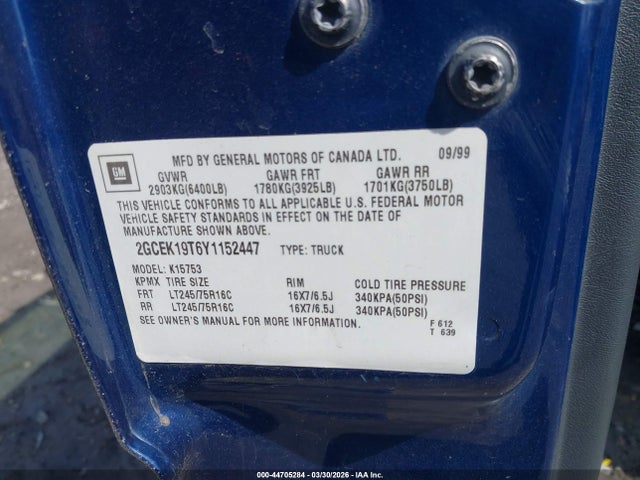 Aukcja sprzedaży 2000 Chevrolet Silverado 1500 Ls, vin: 2GCEK19T6Y1152447, numer aukcji: 44705284