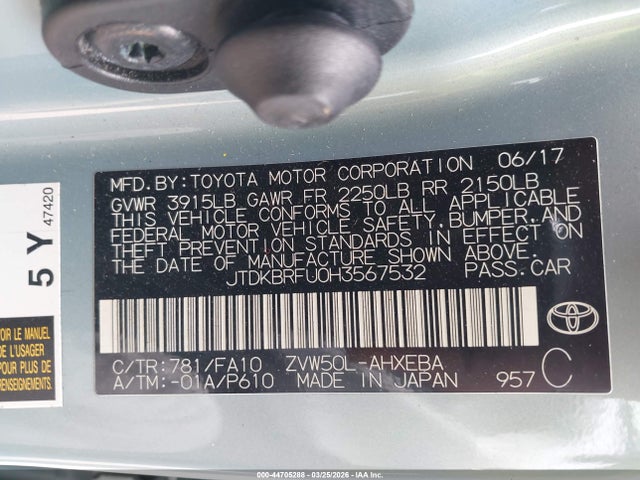 2017 Toyota Prius Two მანქანა იყიდება აუქციონზე, vin: JTDKBRFU0H3567532, აუქციონის ნომერი: 44705288