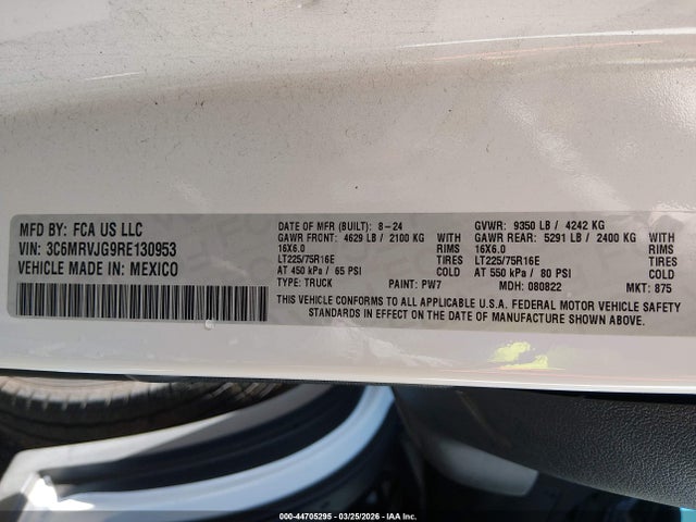 44705295 :رقم المزاد ، 3C6MRVJG9RE130953 vin ، 2024 Ram Promaster 3500 Cargo Van Tradesman High Roof 159 Wb Ext W/pass Seat مزاد بيع