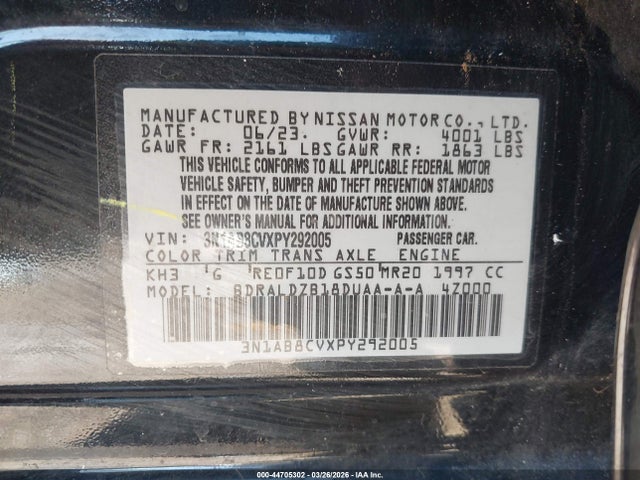 Aukcja sprzedaży 2023 Nissan Sentra Sv Xtronic Cvt, vin: 3N1AB8CVXPY292005, numer aukcji: 44705302