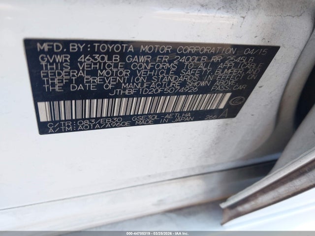 44705319 :رقم المزاد ، JTHBF1D20F5074926 vin ، 2015 Lexus Is 250 مزاد بيع