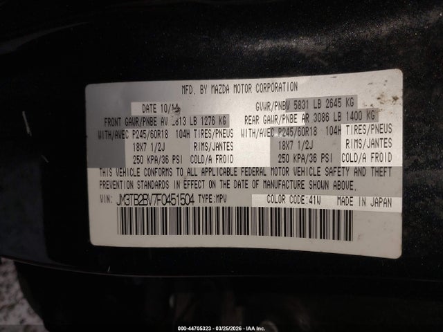 Продажа на аукционе авто 2015 Mazda Cx-9 Sport, vin: JM3TB2BV7F0451504, номер лота: 44705323