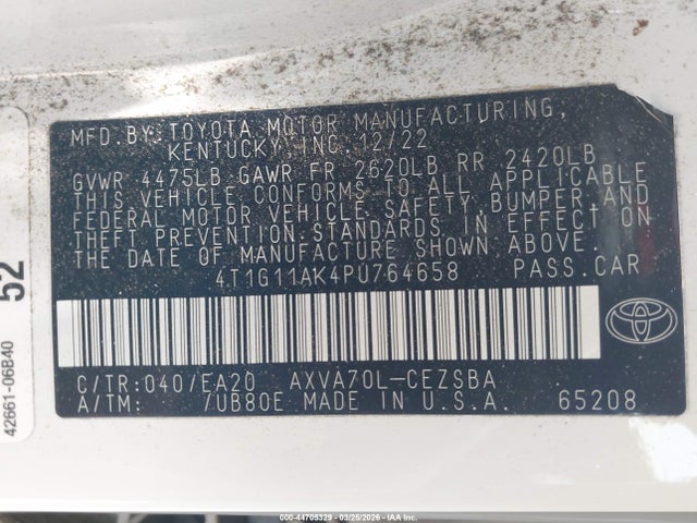 4T1G11AK4PU764658 Toyota CAMRY SE