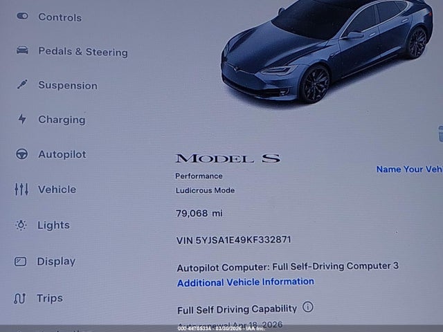 44705334 :رقم المزاد ، 5YJSA1E49KF332871 vin ، 2019 Tesla Model S 100d/long Range/p100d/performance مزاد بيع
