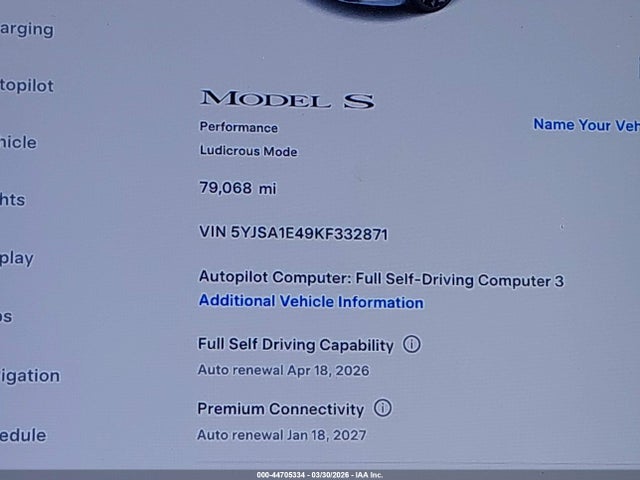 44705334 :رقم المزاد ، 5YJSA1E49KF332871 vin ، 2019 Tesla Model S 100d/long Range/p100d/performance مزاد بيع