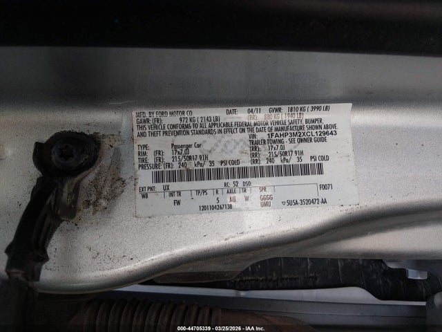 Aukcja sprzedaży 2012 Ford Focus Sel, vin: 1FAHP3M2XCL129643, numer aukcji: 44705339