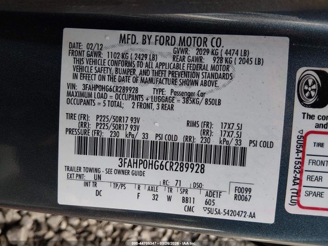 2012 Ford Fusion Se მანქანა იყიდება აუქციონზე, vin: 3FAHP0HG6CR289928, აუქციონის ნომერი: 44705347