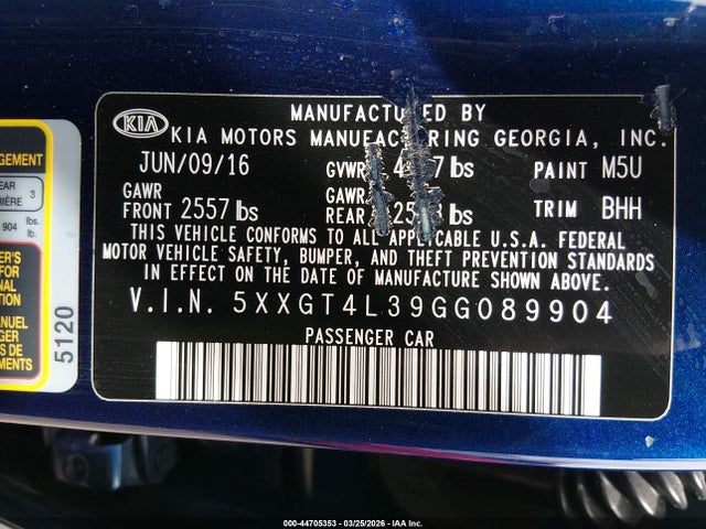 Продаж на аукціоні авто 2016 Kia Optima Lx, vin: 5XXGT4L39GG089904, номер лоту: 44705353