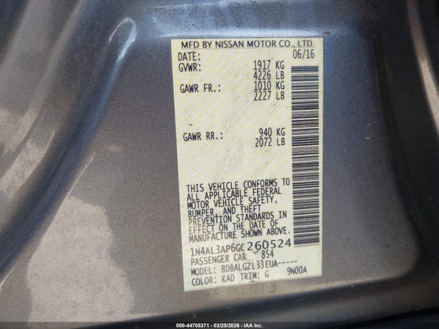 1N4AL3AP6GC260524 Nissan Altima 2.5/2.5 S/2.5 Sl/2.5 Sr/2.5 Sv