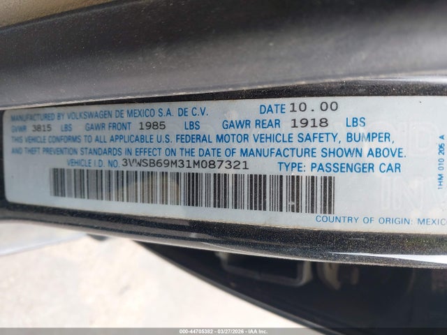 2001 Volkswagen Jetta Gls მანქანა იყიდება აუქციონზე, vin: 3VWSB69M31M087321, აუქციონის ნომერი: 44705382