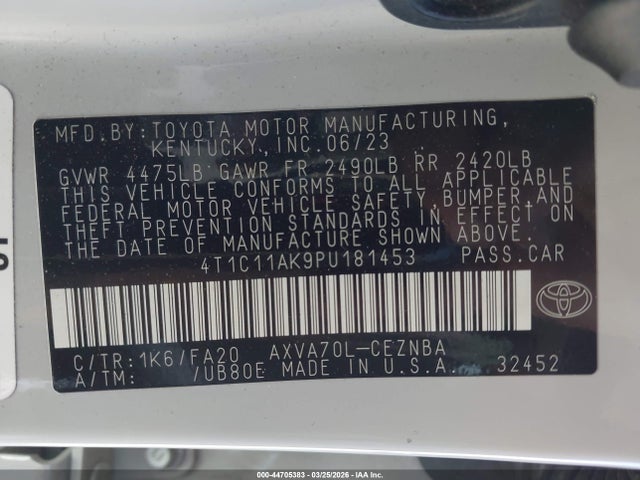 4T1C11AK9PU181453 Toyota CAMRY LE