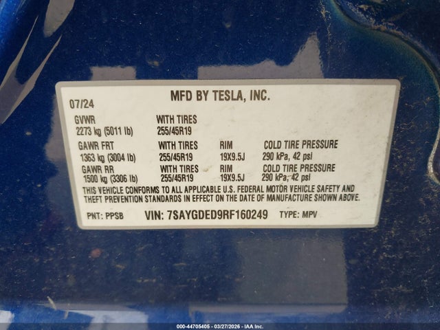 Aukcja sprzedaży 2024 Tesla Model Y Long Range Single Motor Rear-wheel Drive/rwd, vin: 7SAYGDED9RF160249, numer aukcji: 44705405
