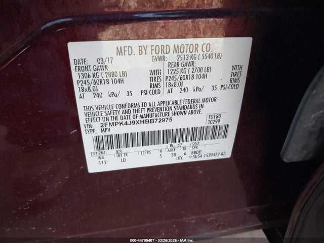 44705407 :رقم المزاد ، 2FMPK4J9XHBB72975 vin ، 2017 Ford Edge Sel مزاد بيع
