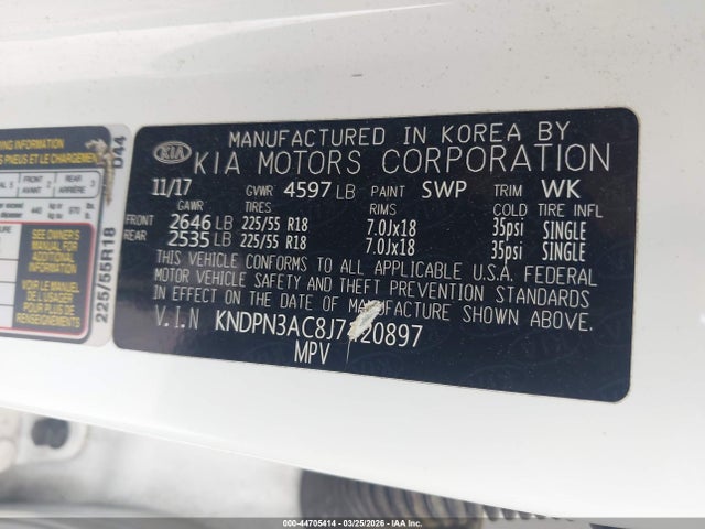 Aukcja sprzedaży 2018 Kia Sportage Ex, vin: KNDPN3AC8J7420897, numer aukcji: 44705414