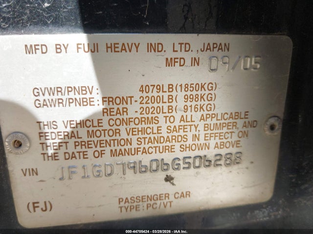 Продаж на аукціоні авто 2006 Subaru Impreza Wrx/wrx Limited/wrx Tr, vin: JF1GD79606G506288, номер лоту: 44705424