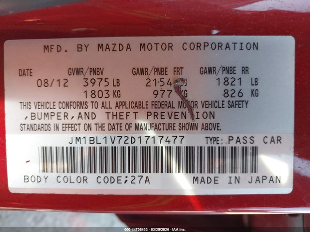 44705433 :رقم المزاد ، JM1BL1V72D1717477 vin ، 2013 Mazda Mazda3 I Touring مزاد بيع