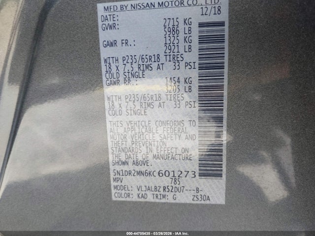 Aukcja sprzedaży 2019 Nissan Pathfinder S, vin: 5N1DR2MN6KC601273, numer aukcji: 44705435