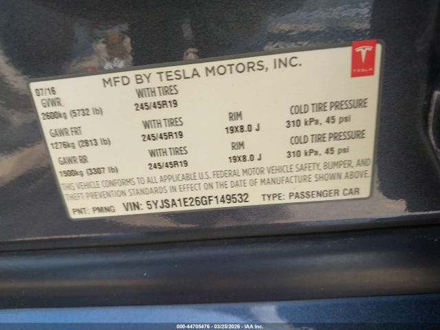 Продаж на аукціоні авто 2016 Tesla Model S 60d/70d/75d/85d/90d, vin: 5YJSA1E26GF149532, номер лоту: 44705476
