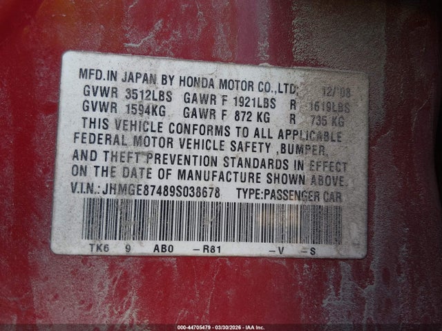 2009 HONDA FIT JHMGE87489S038678 Photo 8