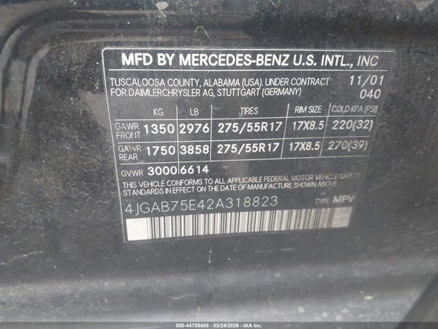 44705485 :رقم المزاد ، 4JGAB75E42A318823 vin ، 2002 Mercedes-benz Ml 500 مزاد بيع