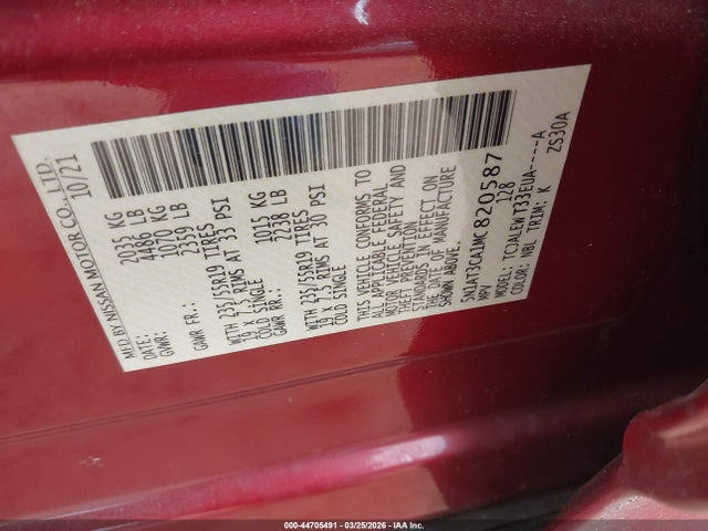 Продаж на аукціоні авто 2021 Nissan Rogue Sl Fwd, vin: 5N1AT3CA1MC820587, номер лоту: 44705491