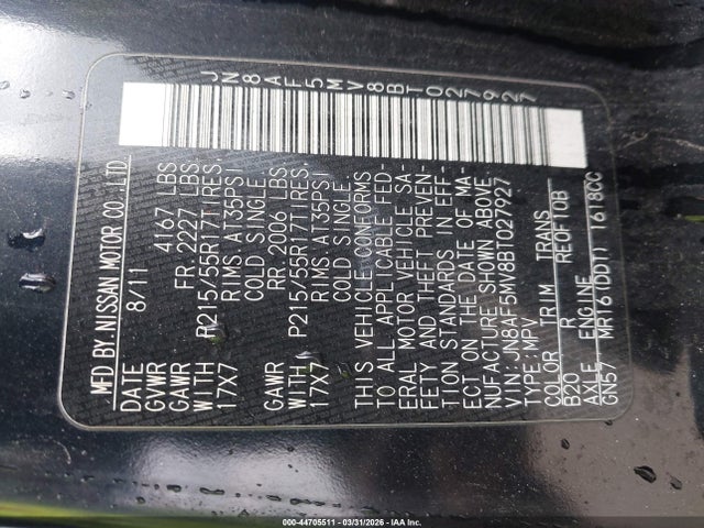 Aukcja sprzedaży 2011 Nissan Juke Sl, vin: JN8AF5MV8BT027927, numer aukcji: 44705511